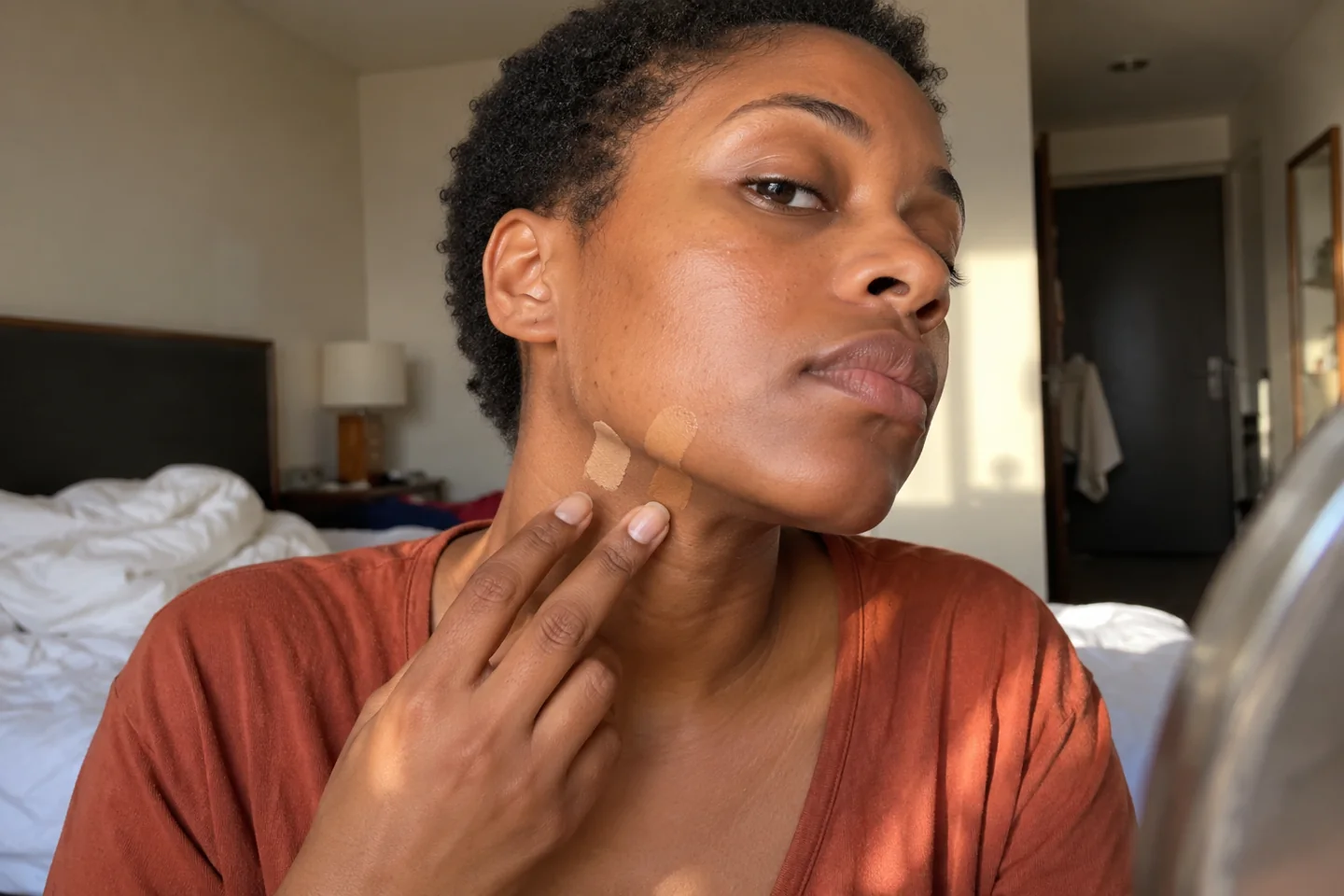 Une femme compare des nuances de fond de teint sur sa mâchoire