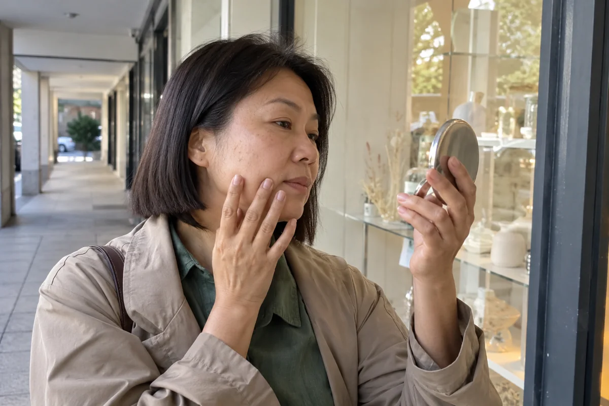 Une femme vérifie une teinte dans un miroir à la lumière extérieure