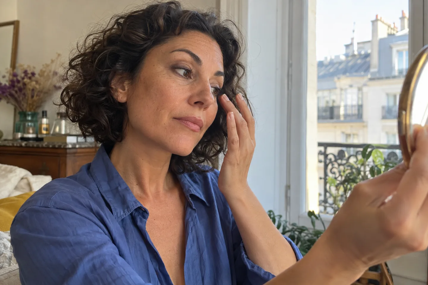 Une femme observe son teint près d’une fenêtre.