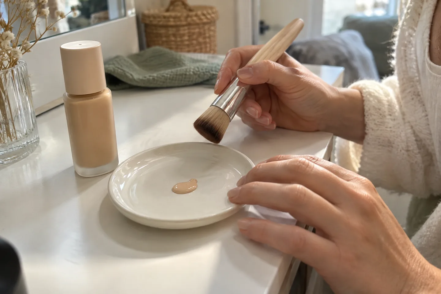 Une petite quantité de maquillage sur une palette propre.