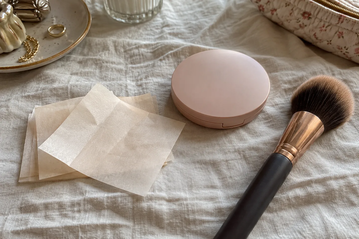 Papier absorbant et poudre laissés à côté du miroir.