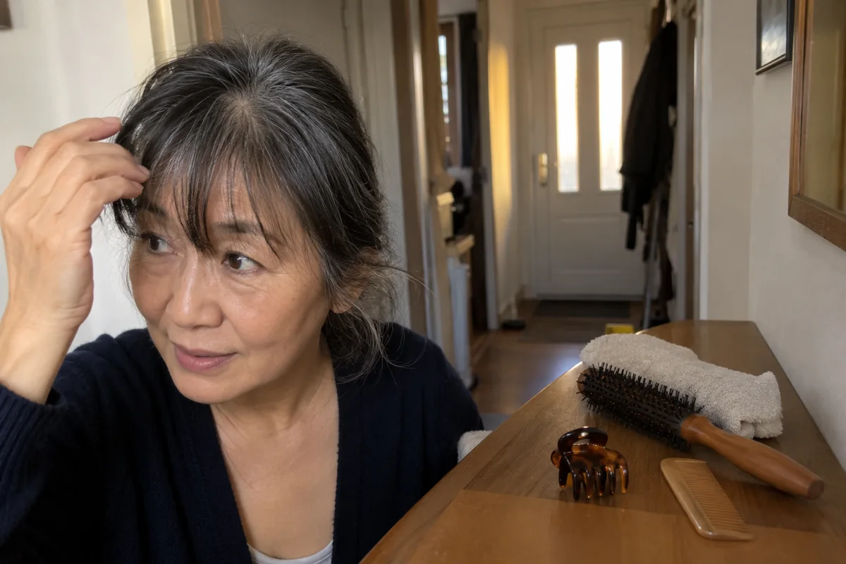 Une femme prépare un petit ensemble d’outils pour sa frange