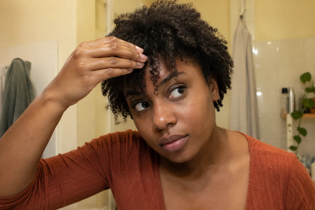 Une femme humidifie légèrement les mèches près du front