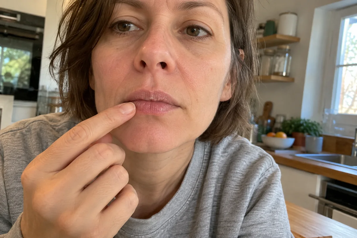Une femme observe la texture de ses lèvres