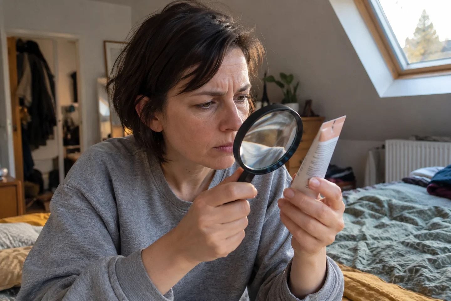 Une femme lit un emballage cosmétique avec une loupe