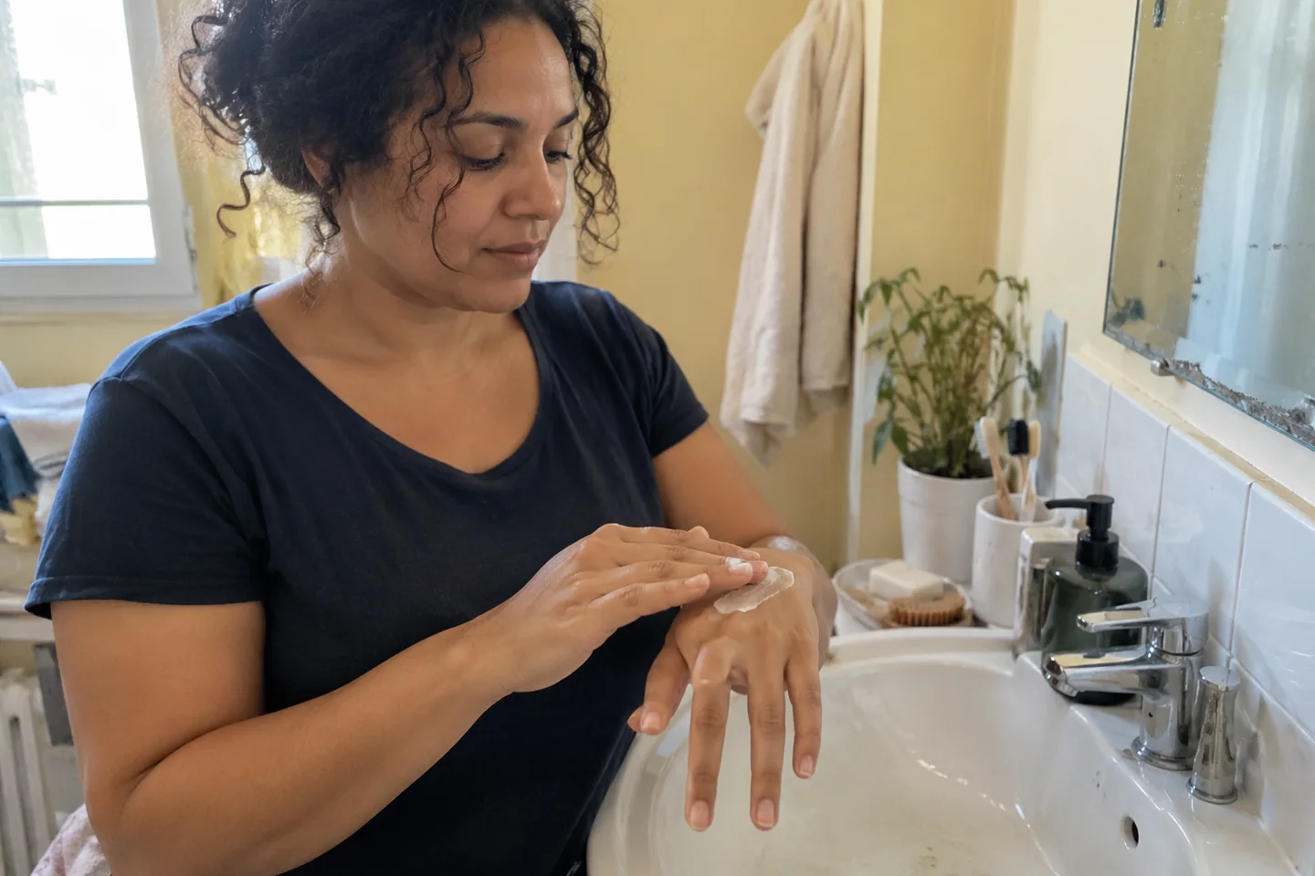 Une femme applique une crème sur le dos des mains