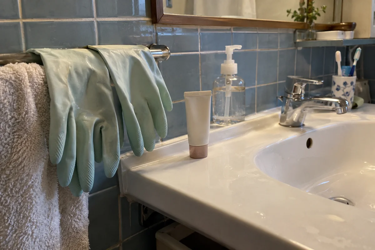 Des gants ménagers et un soin près du lavabo