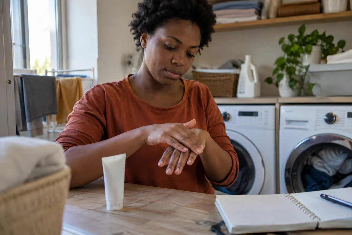 Une femme applique un soin des mains près de son carnet