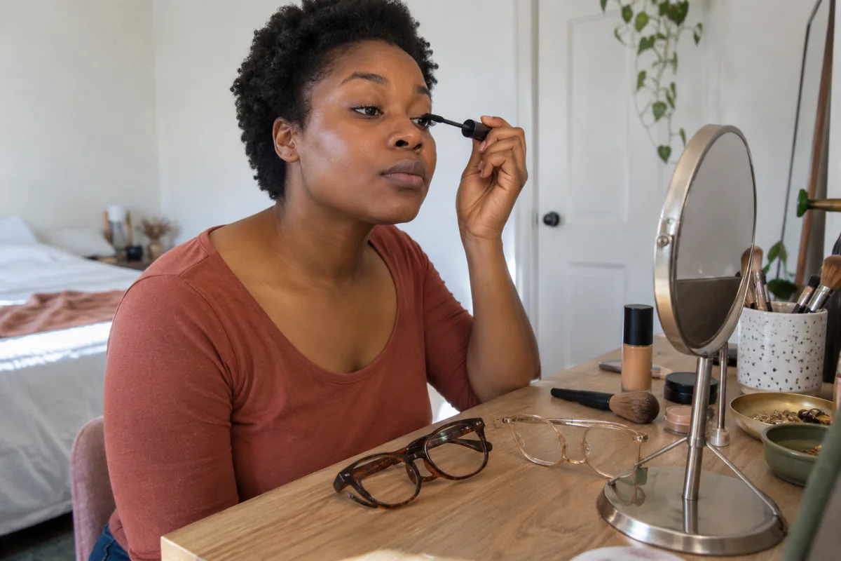 Une femme se maquille tandis que ses lunettes reposent près du miroir