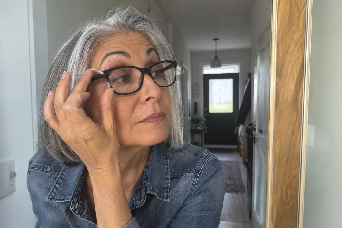 Une femme vérifie son regard avec sa monture