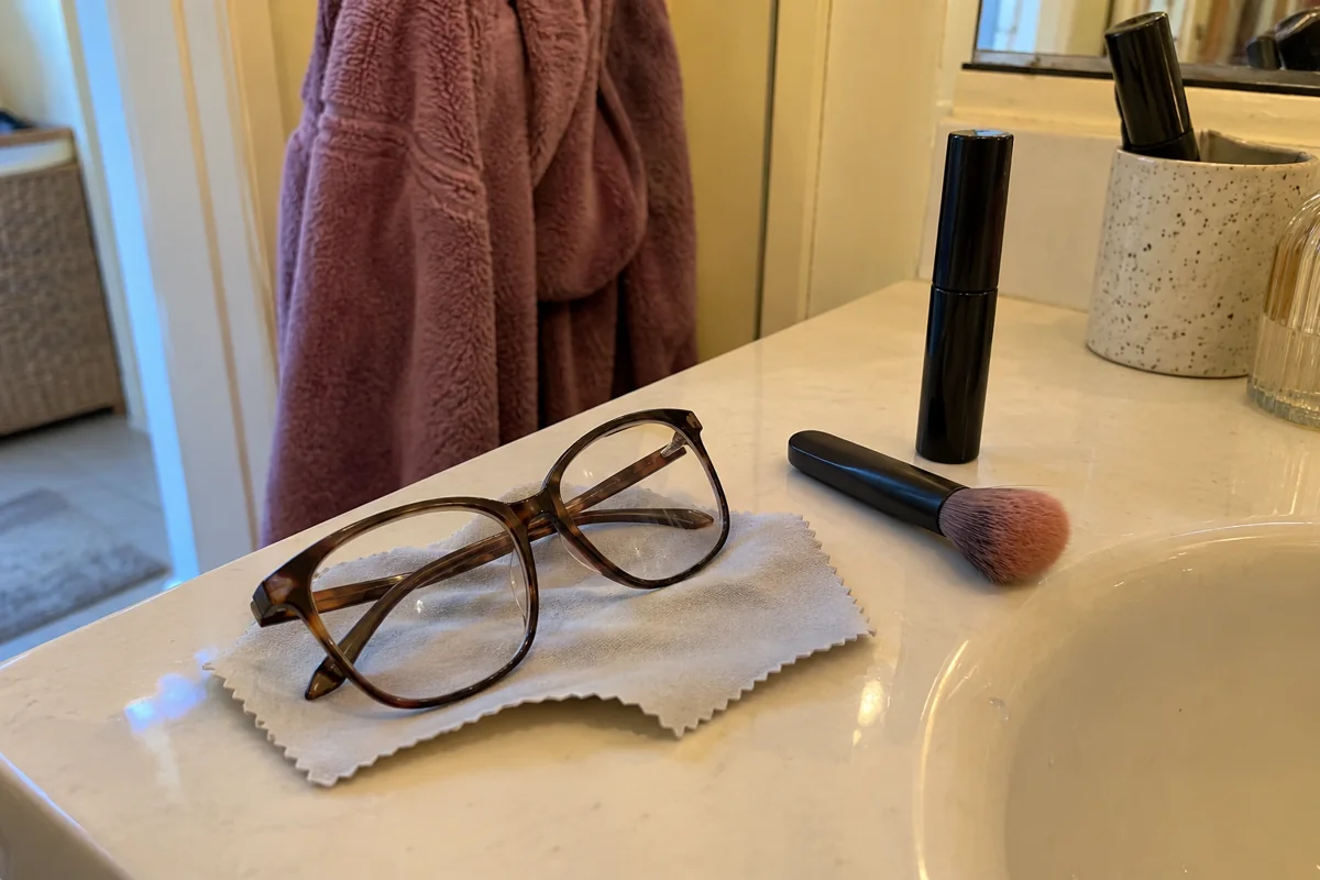 Un chiffon à lunettes et des accessoires de maquillage distincts