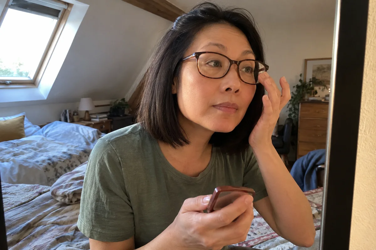 Une femme fait un dernier contrôle de son maquillage avec ses lunettes