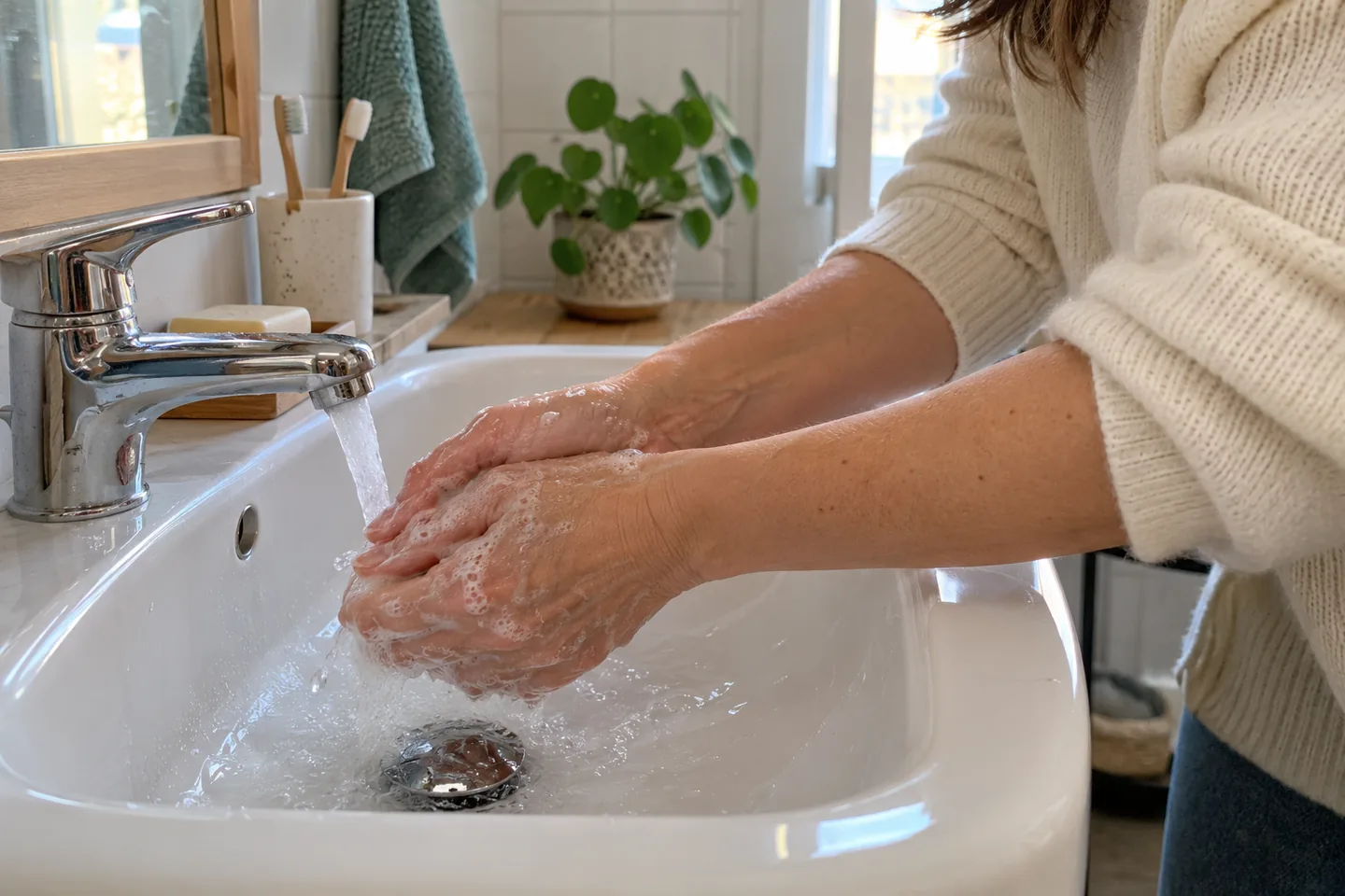 Une femme se lave les mains, sans produit de maquillage près du lavabo.