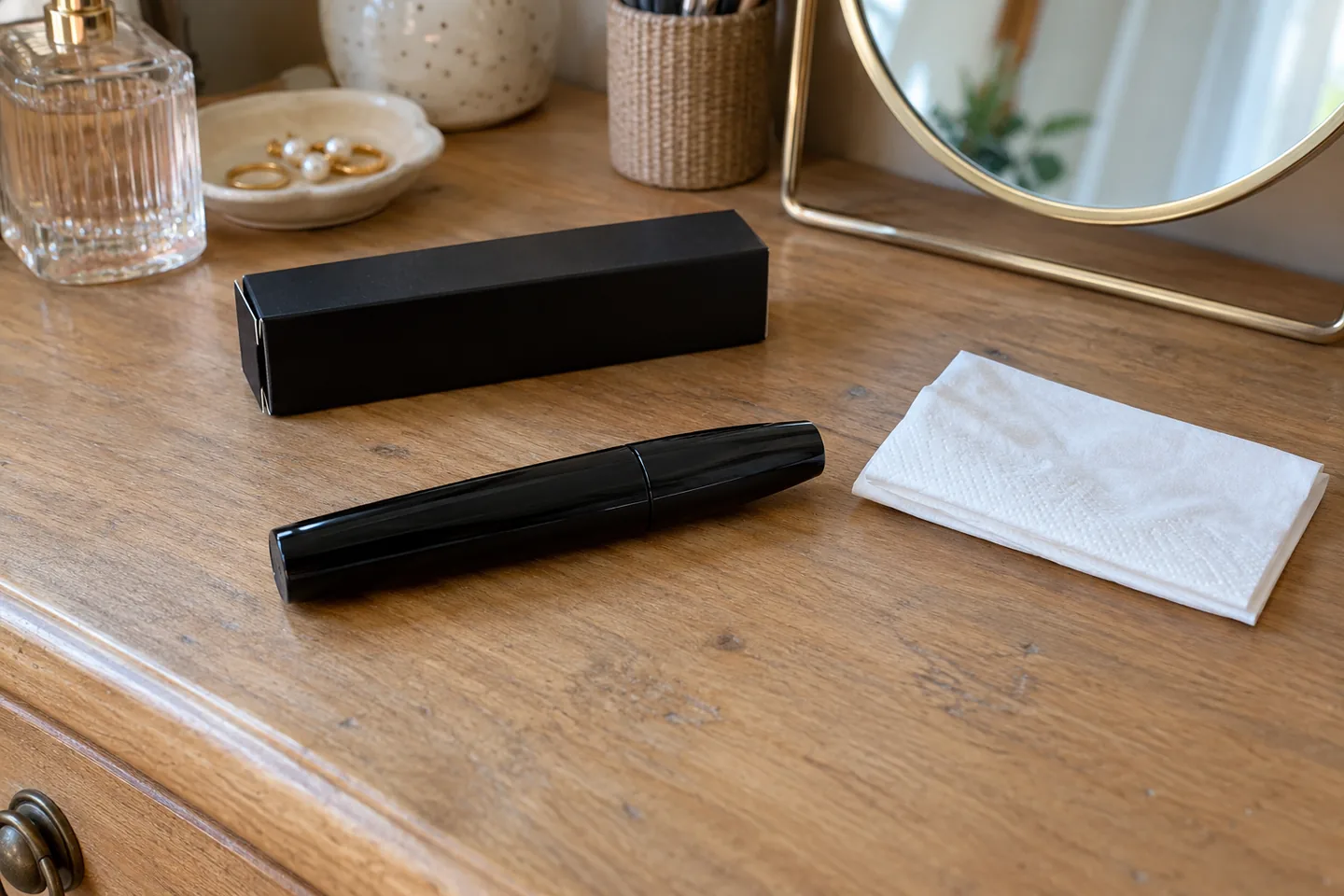 Un mascara noir fermé et son emballage retourné reposent sur une table propre.