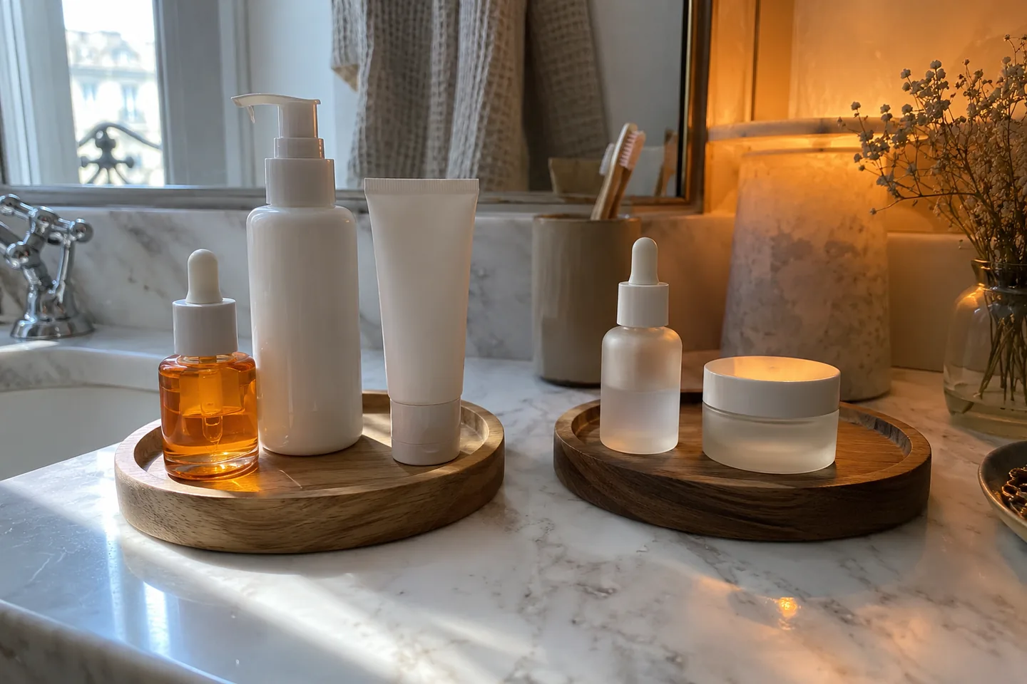 Deux plateaux de soins sans étiquette, l’un en lumière du matin, l’autre sous une lampe du soir