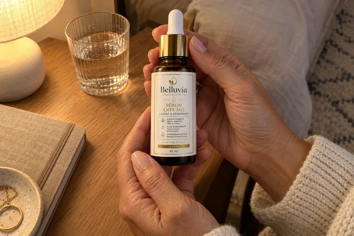 Le flacon de sérum anti-âge Belluvia tenu au-dessus d’une table de chevet le soir