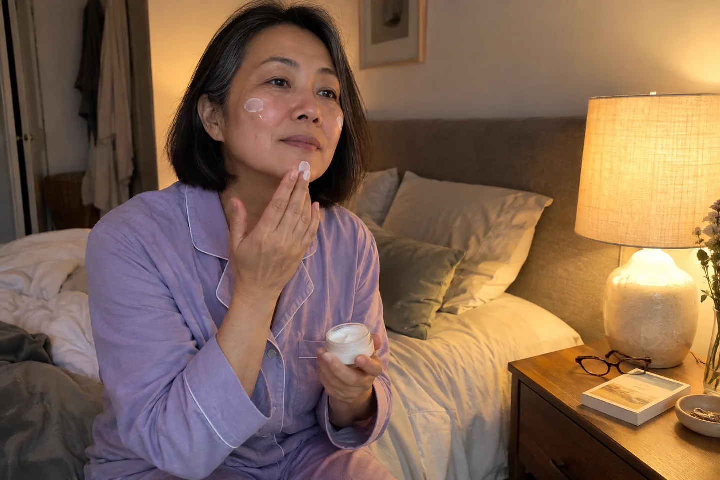 Le soir, une femme applique une petite noisette de soin sur son menton à la lumière d’une lampe de chevet
