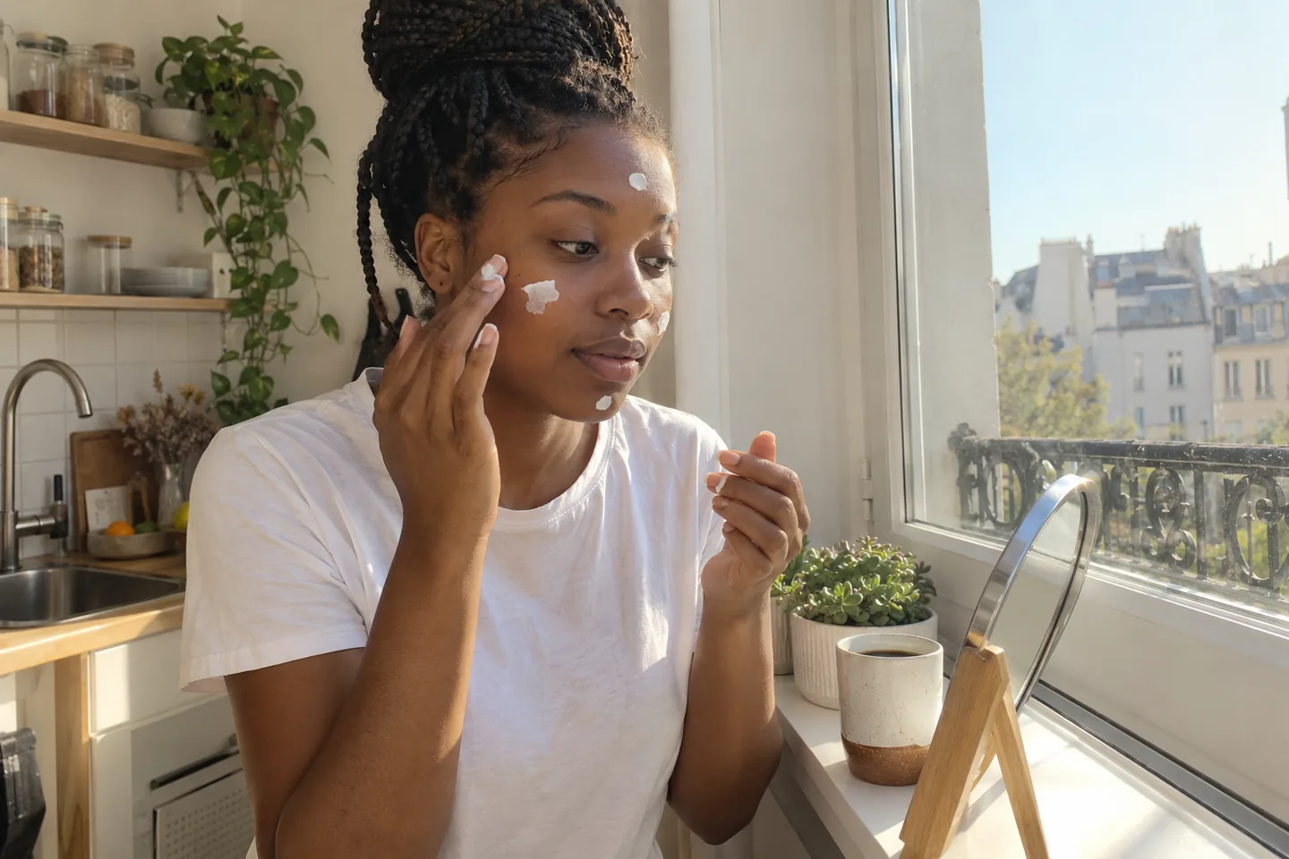 Une femme dépose de la crème solaire en points sur son visage près d’une fenêtre le matin