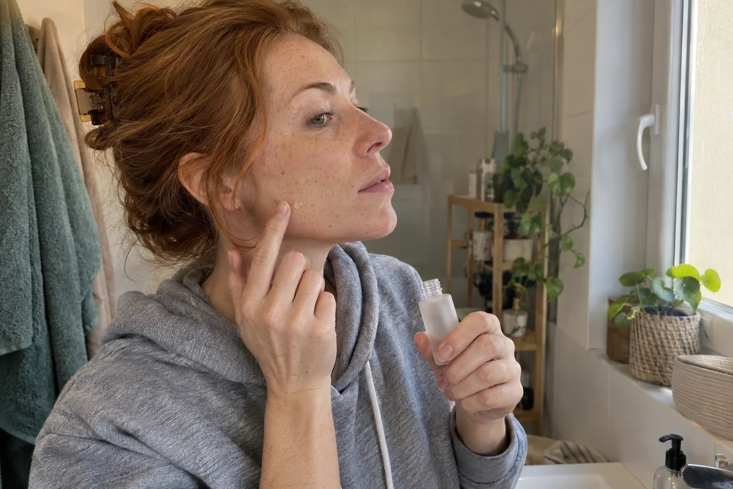 Une femme teste une petite quantité d’un nouveau soin le long de la mâchoire