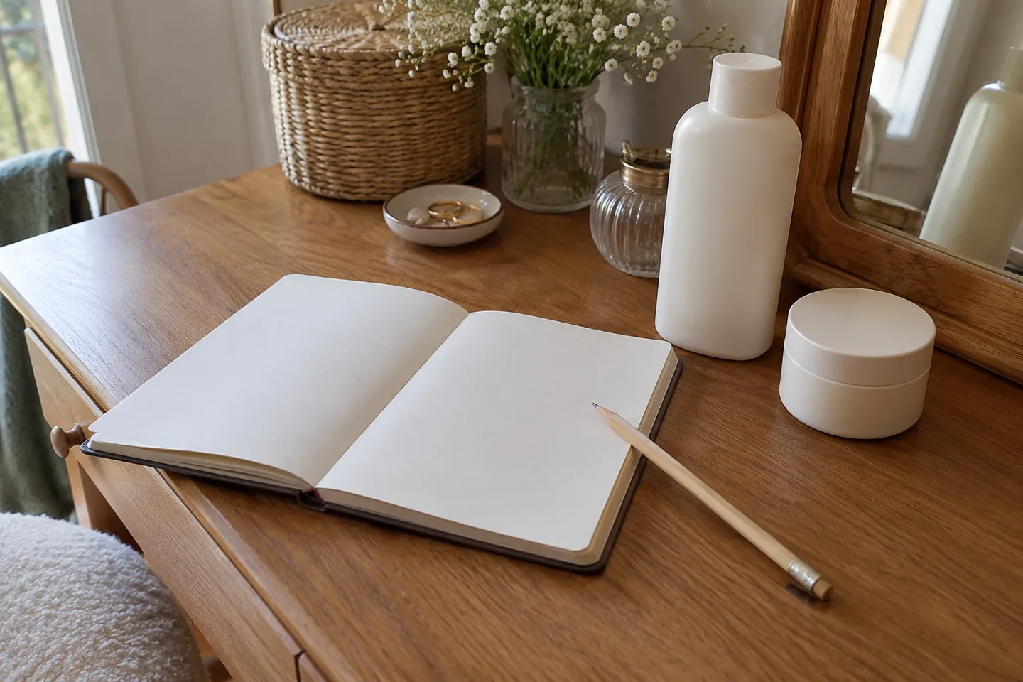 Un carnet vierge et deux produits capillaires sans marque sont disposés sur une table.