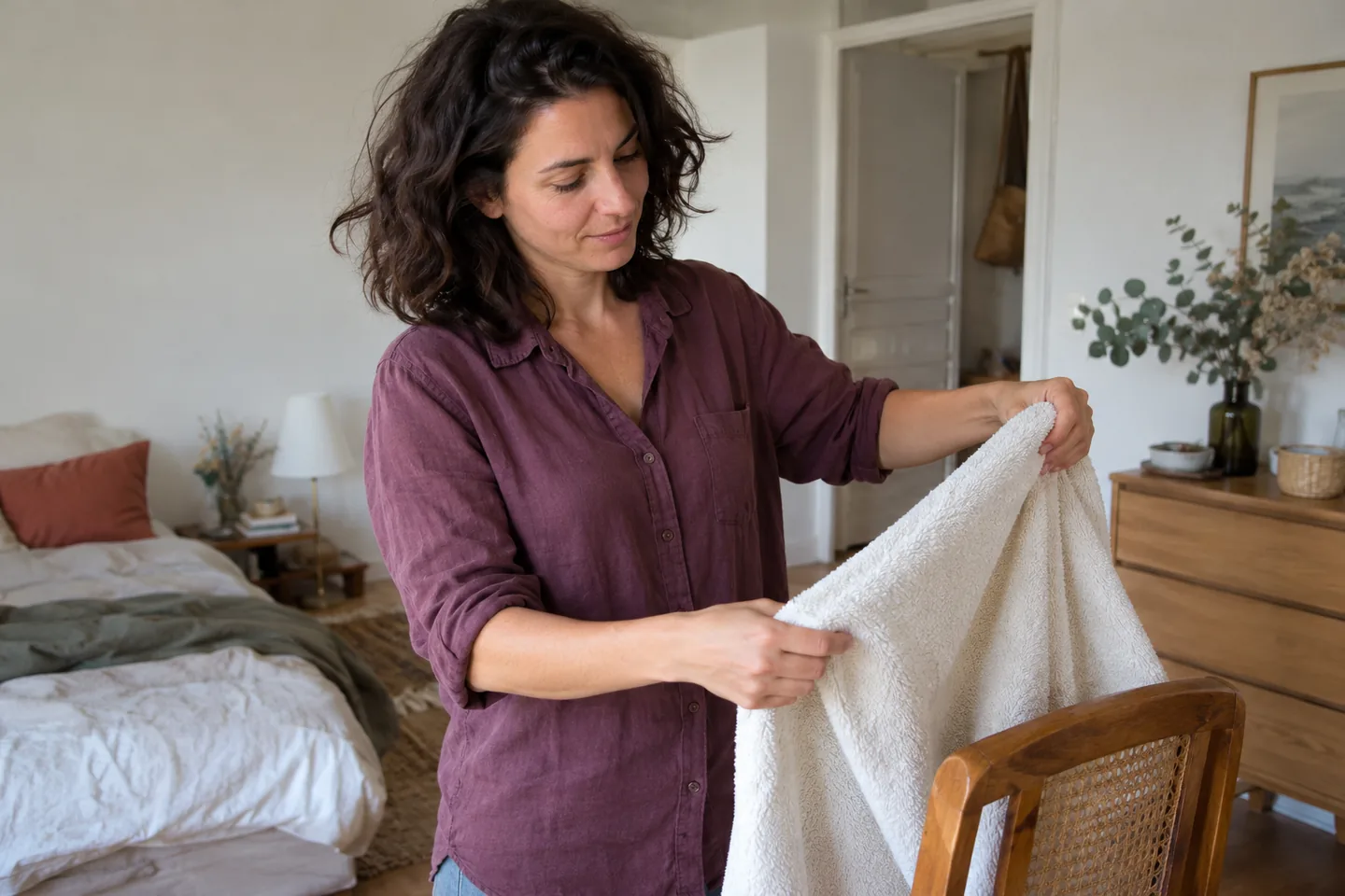 Une femme aux cheveux ondulés détachés prépare une serviette claire sur une chaise.