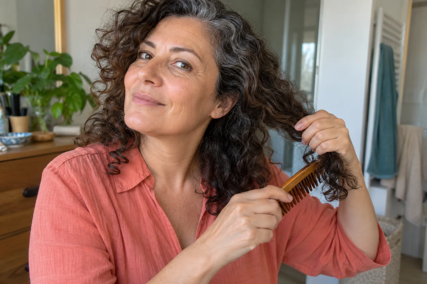Une femme démêle les pointes d’une mèche avec un peigne à dents larges.