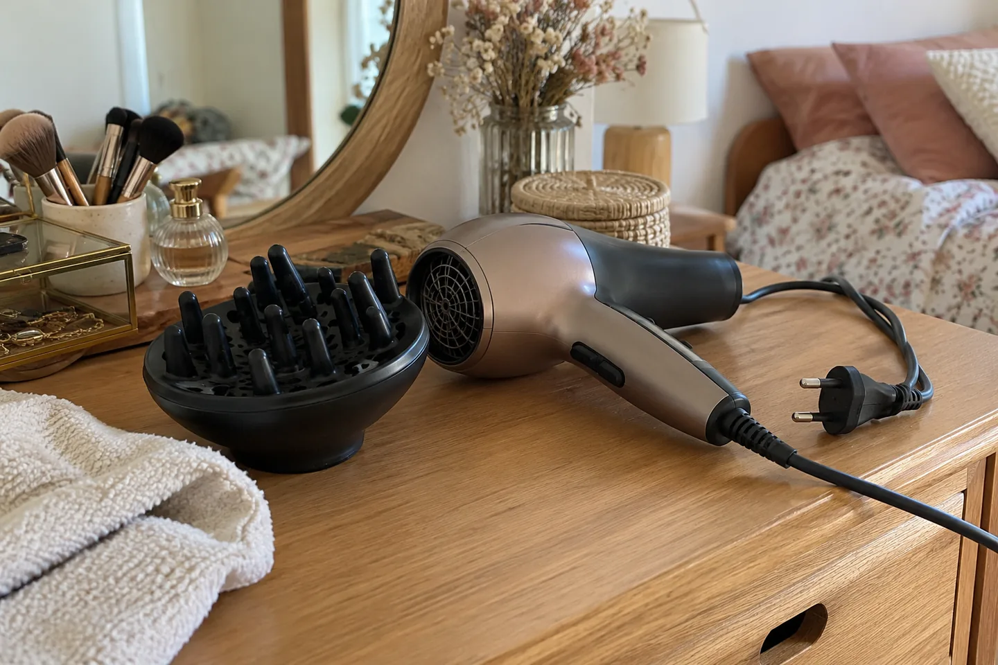 Un sèche-cheveux débranché et son diffuseur reposent à distance du lavabo.