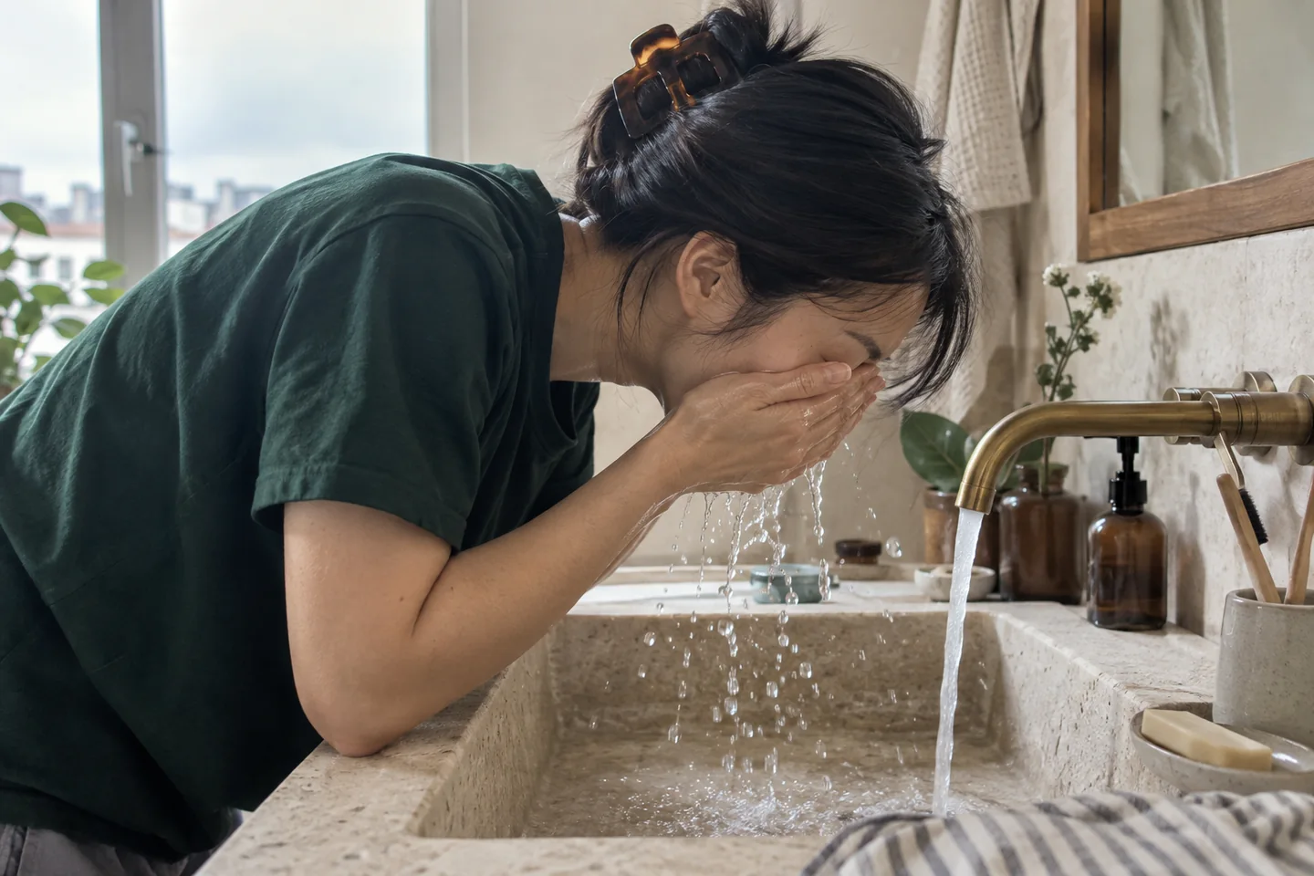Geste de nettoyage doux du visage au lavabo