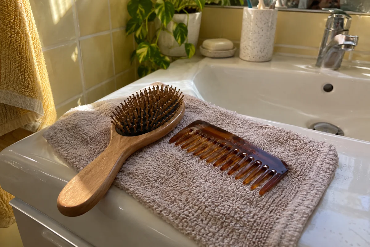 Une brosse en bois et un peigne sur une serviette
