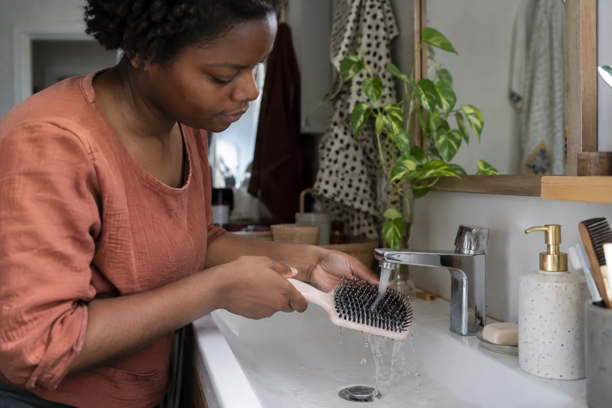 Une brosse lavable rincée au-dessus du lavabo