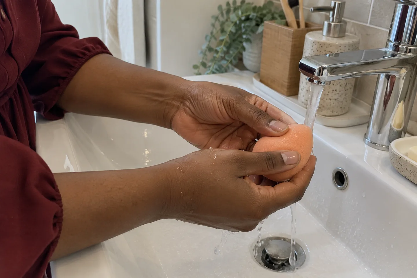 Mains d’une femme pressant doucement une éponge sous un filet d’eau