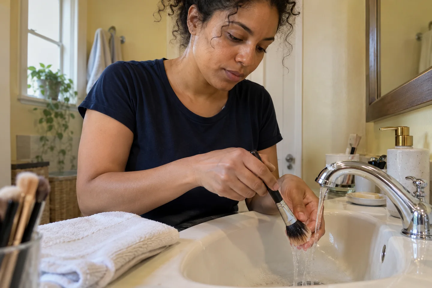Une femme rince les poils d’un pinceau au-dessus du lavabo