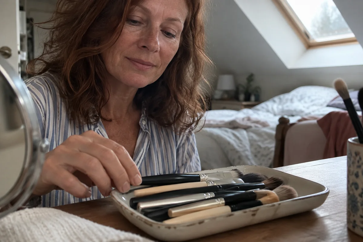 Une femme examine ses pinceaux de maquillage posés sur un plateau