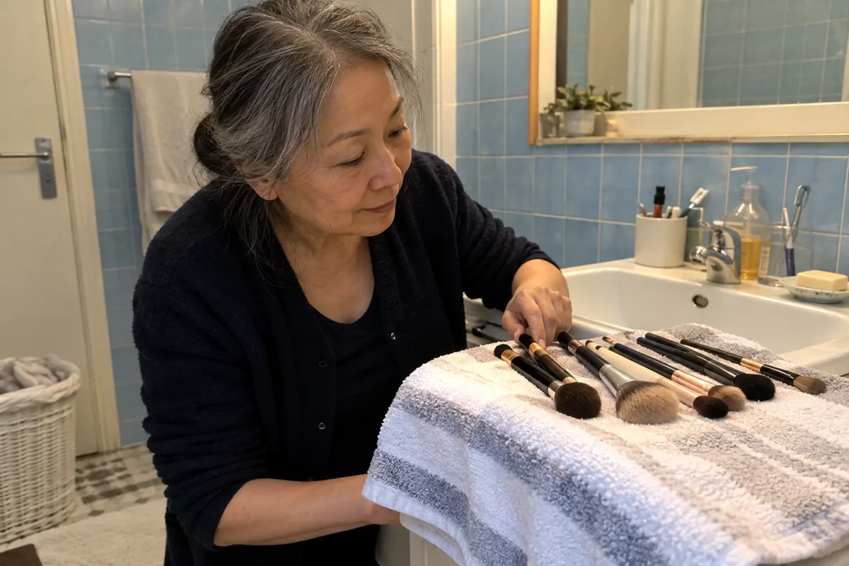 Des pinceaux lavés sont posés à plat sur une serviette