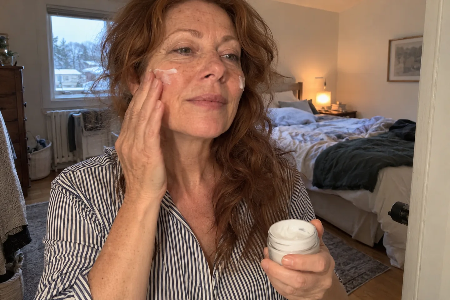 Une femme applique un soin du visage dans une chambre en hiver