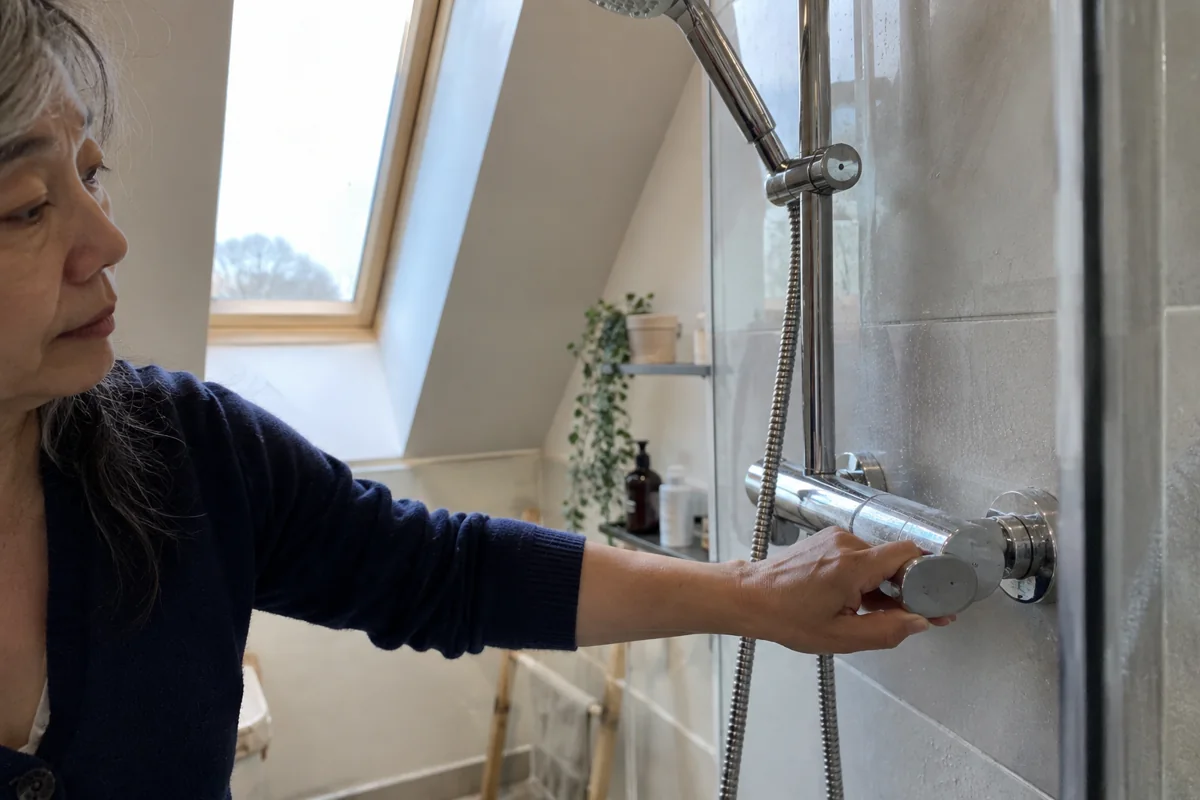 Une femme règle la température de la douche