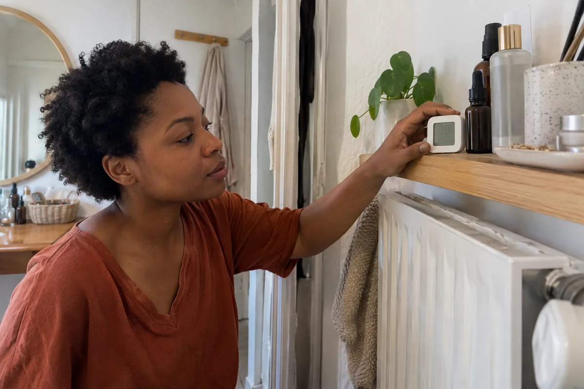 Une femme vérifie un petit appareil de mesure près du radiateur