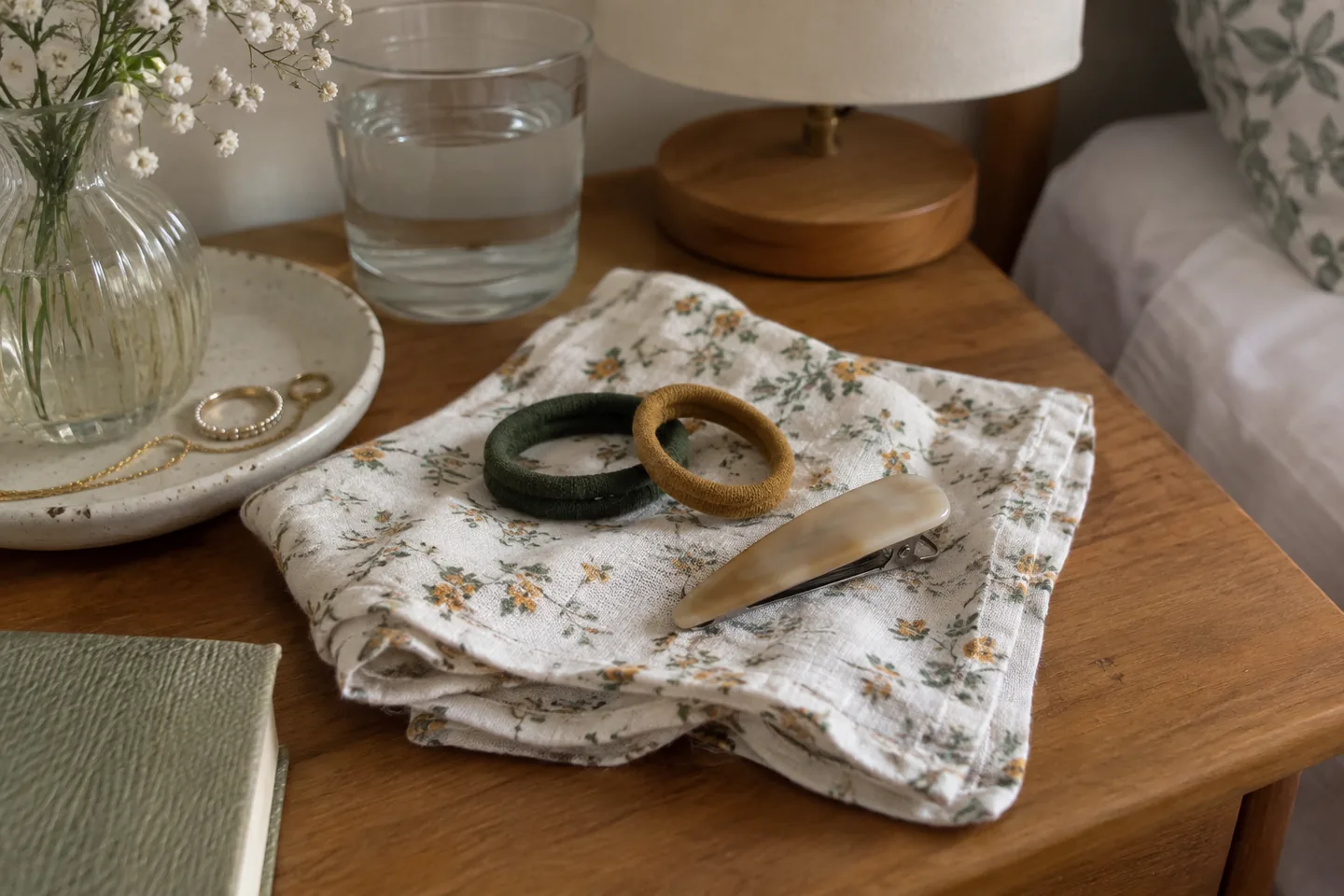 Élastiques en tissu et barrette lisse sur un linge.