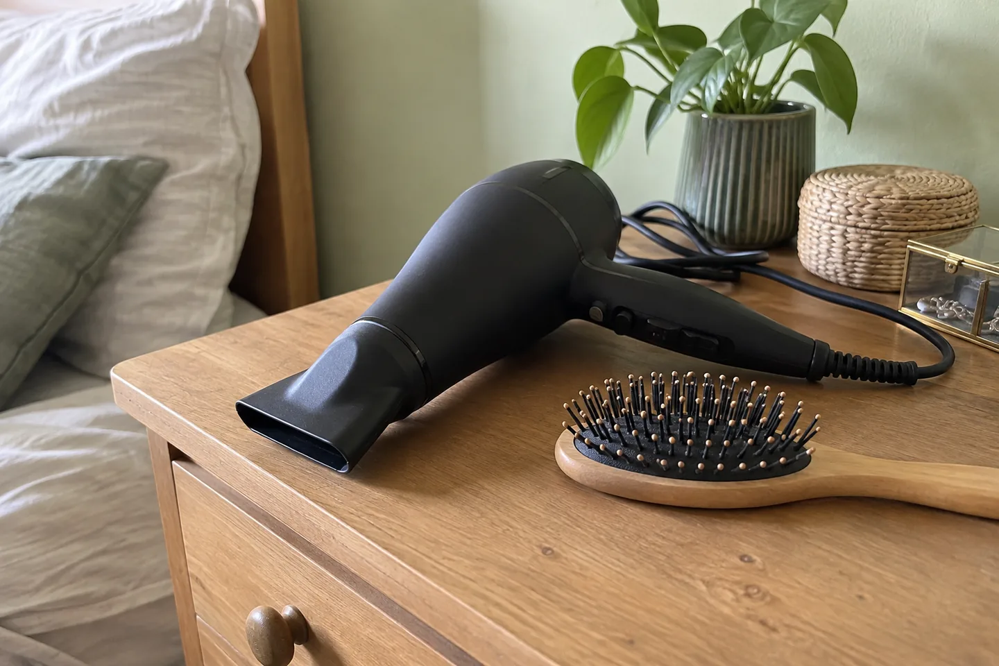 Sèche-cheveux noir et brosse posés sur une commode.