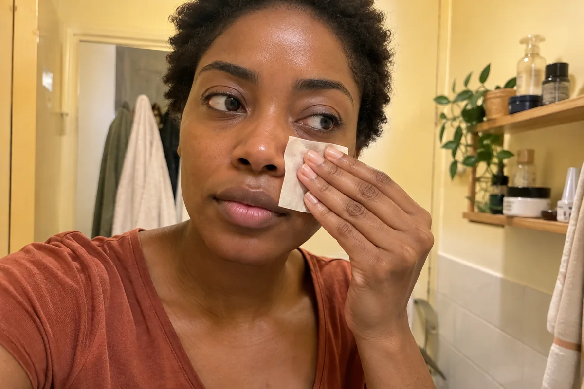 Une femme tamponne une zone du visage avec un papier propre