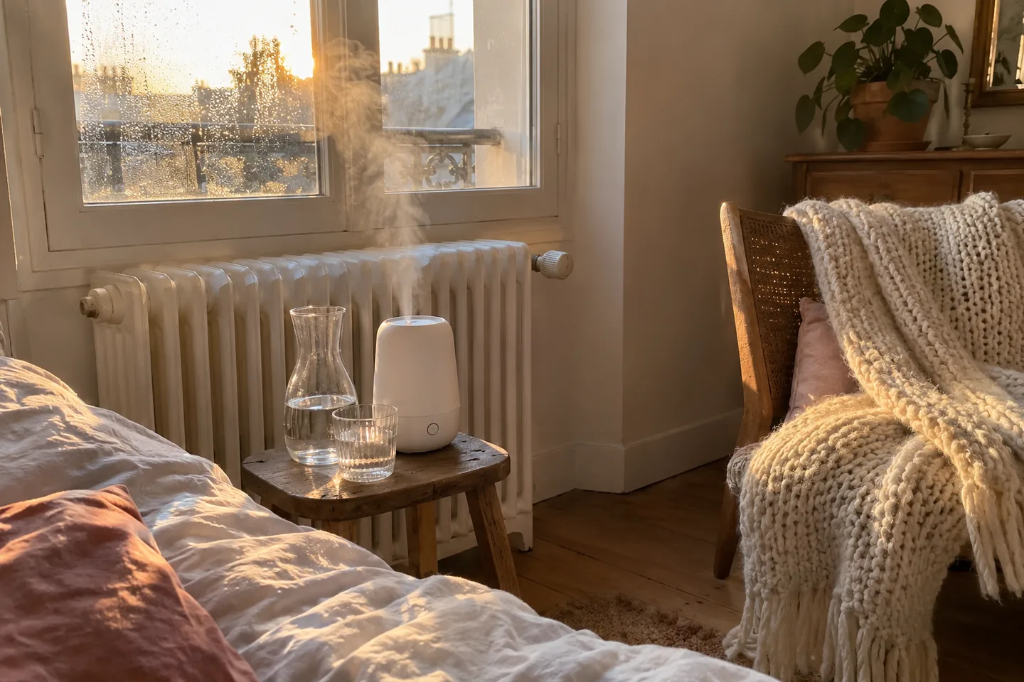 Radiateur en fonte sous une fenêtre embuée, humidificateur et carafe d’eau dans une chambre en hiver