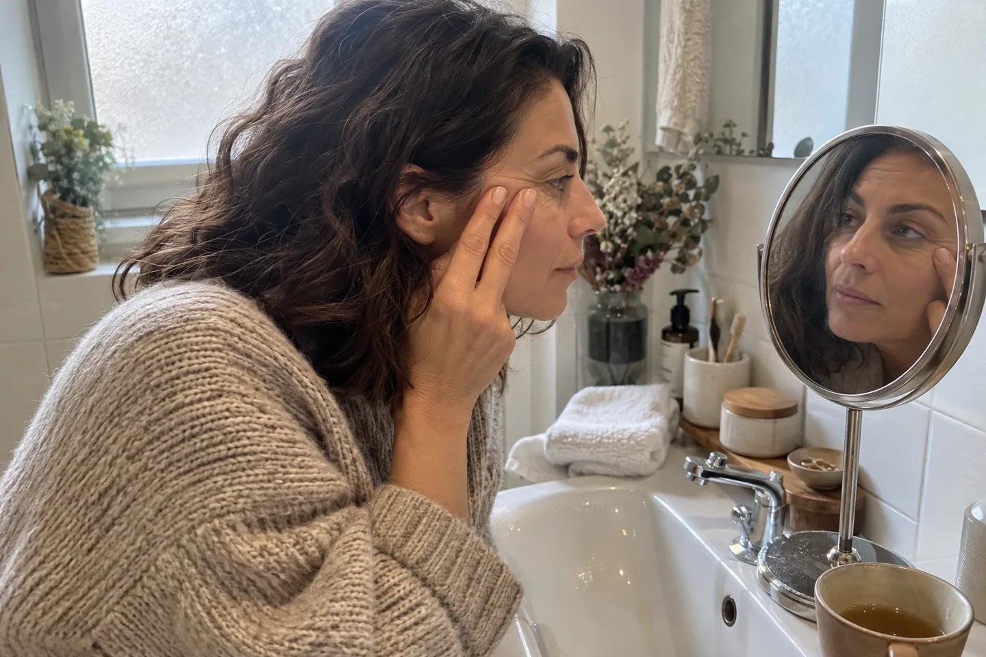 Une femme observe de fines ridules au coin de l’œil dans un petit miroir de salle de bains