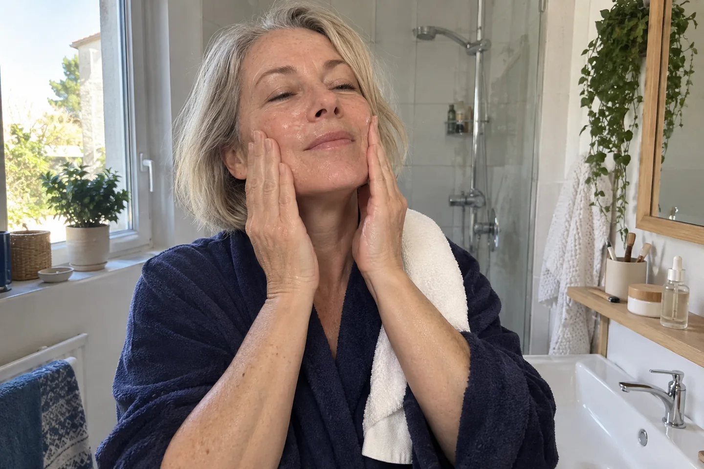 Une femme presse un sérum hydratant sur son visage encore humide après le nettoyage