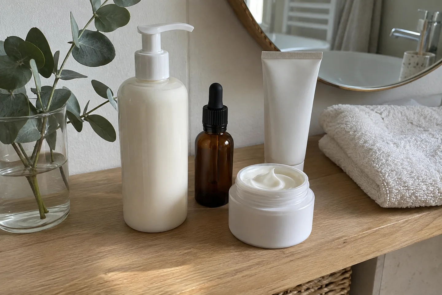 Nettoyant doux, sérum, crème riche et écran solaire sans étiquette posés sur une étagère en chêne