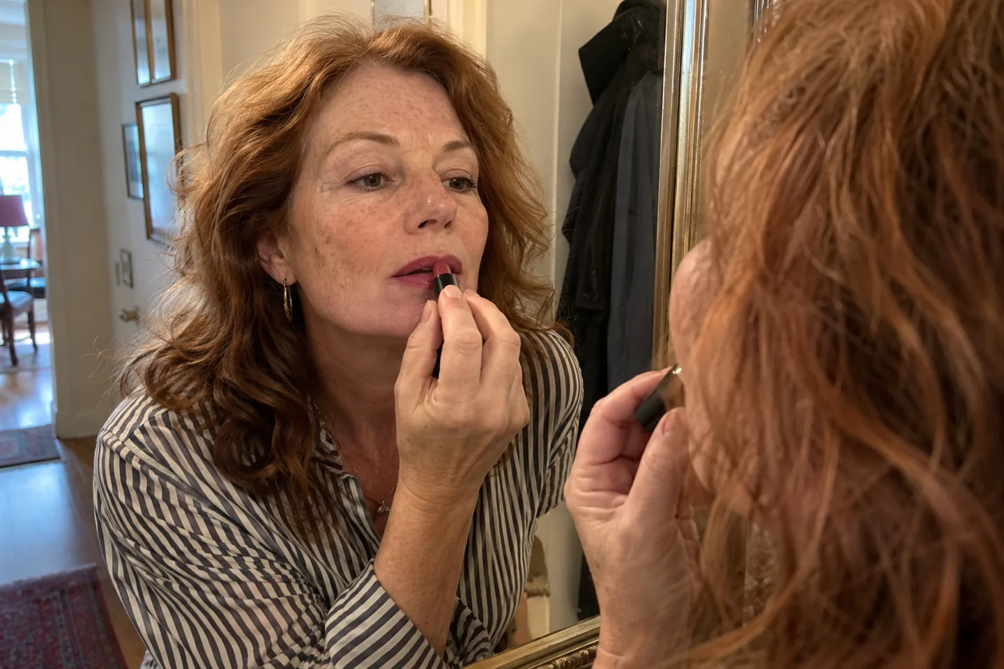 Une femme applique un rouge à lèvres devant un miroir
