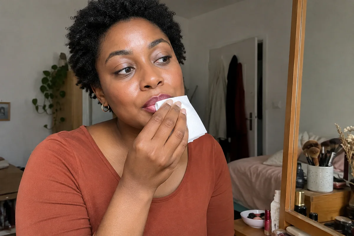 Une femme tamponne délicatement sa bouche avec un mouchoir