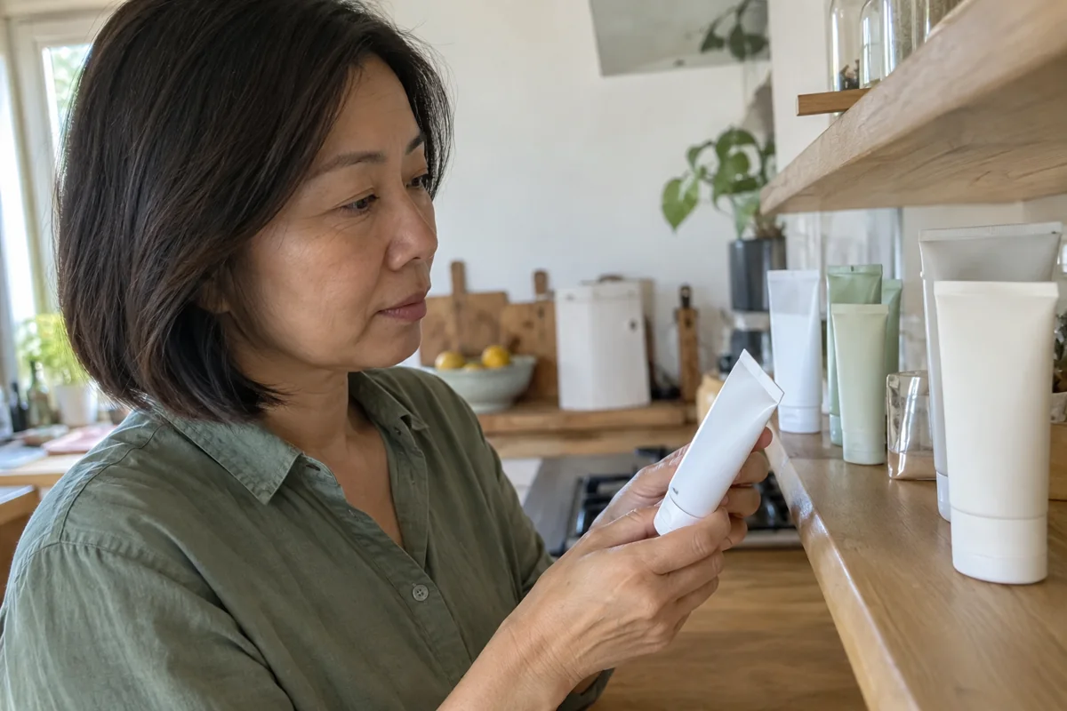 Une femme lit la notice d’un produit sur son étagère
