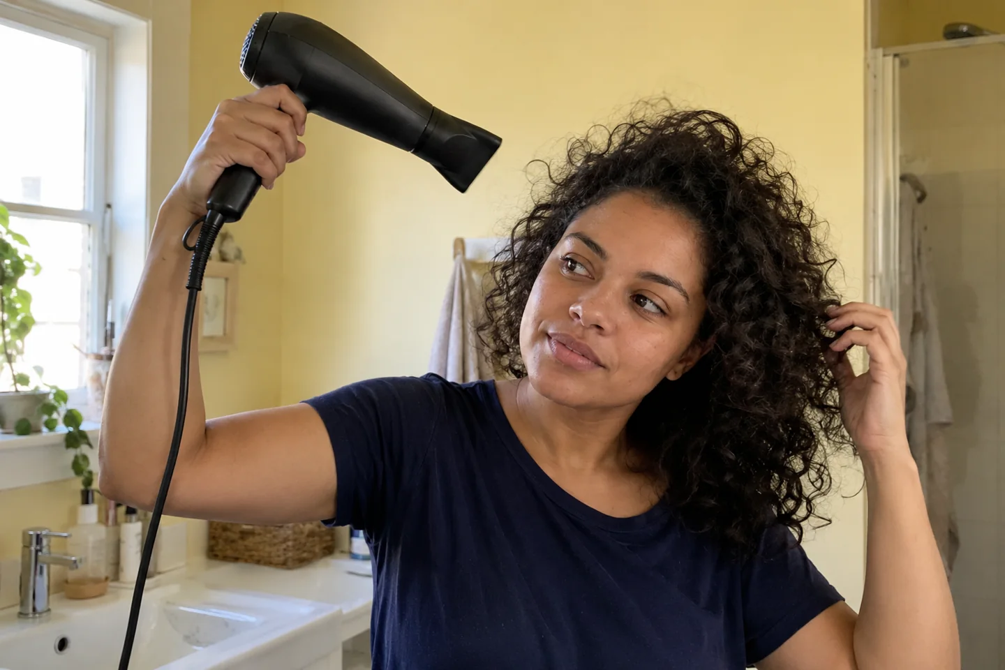 Une femme utilise un sèche-cheveux à distance de sa chevelure