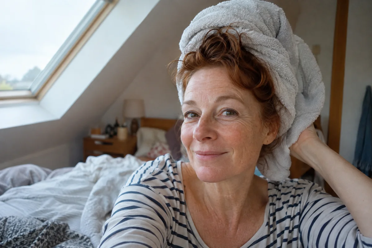 Une serviette absorbe doucement l’eau des cheveux