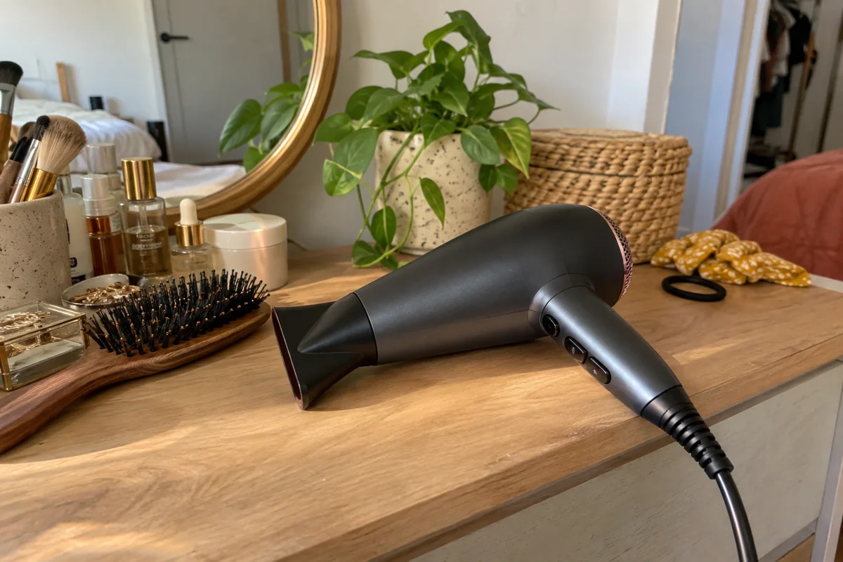 Un sèche-cheveux et sa buse posés sur un comptoir sec